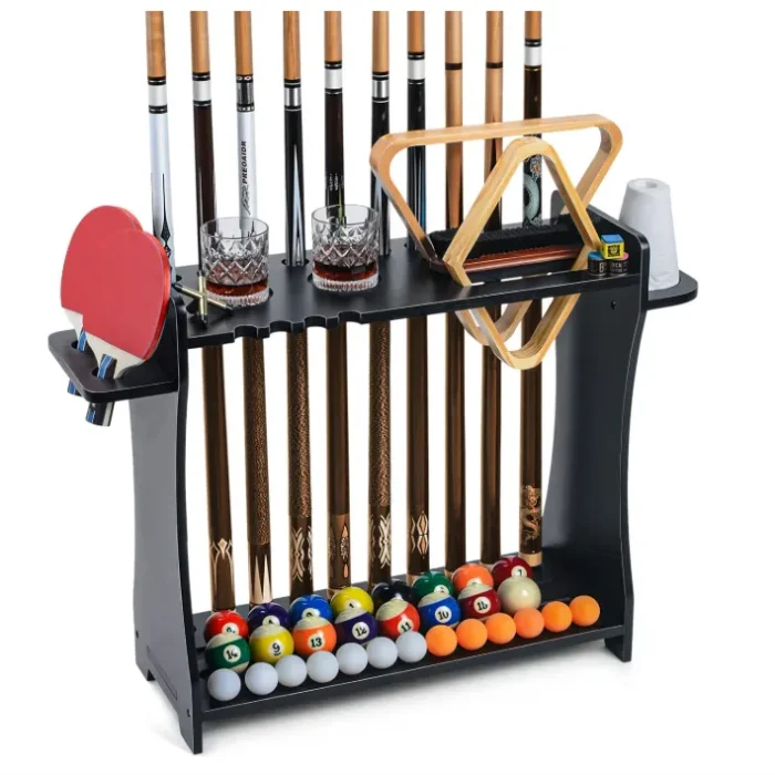 XCSOURCE Pool Stick Holder Floor Stand, 2-IN-1 Pool Cue Rack & Ping Pong Paddle Holder, 100% Solid Wood Holds 9 Cues Full Set of Balls