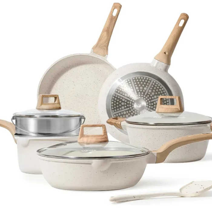 CAROTE Pots and Pans Set Nonstick, White Granite Induction Kitchen Cookware Set, 10 Pcs Non Stick Cooking Set w/Frying Pans & Saucepans(PFOS, PFOA Free)