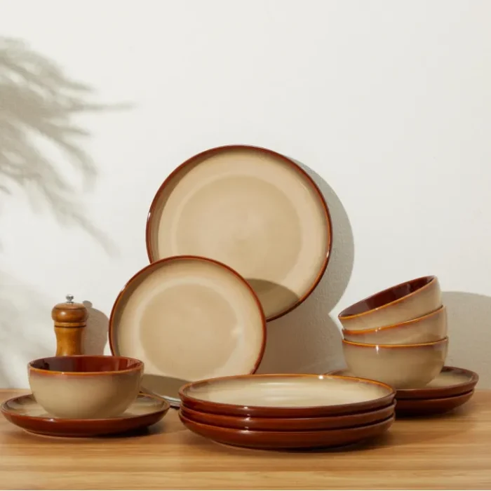 Pokini Ceramic Dish Set for 6, 18 Piece Dinnerware Set for Small to Medium Families, Reactive Glaze Design, Dishwasher & Microwave Safe, Brown Yellow