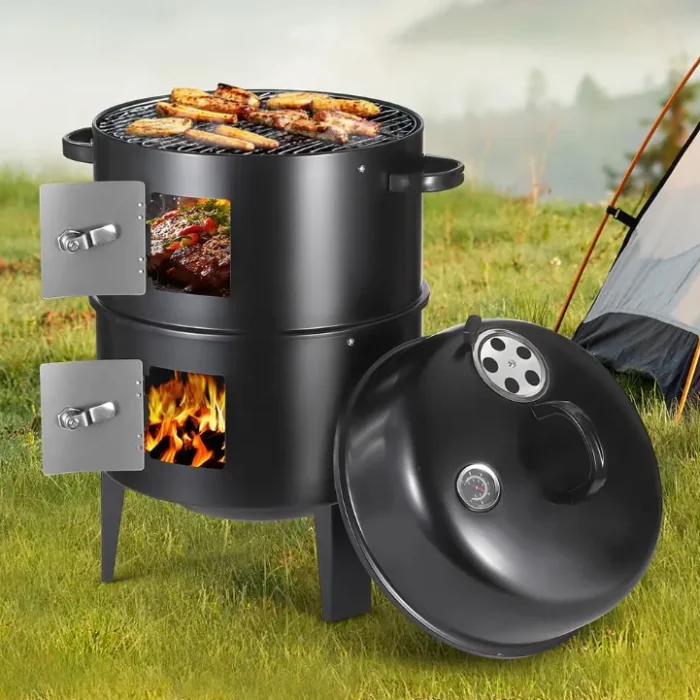 3-in-1 Vertical Charcoal Smoker Grills For Backyard Barbecues