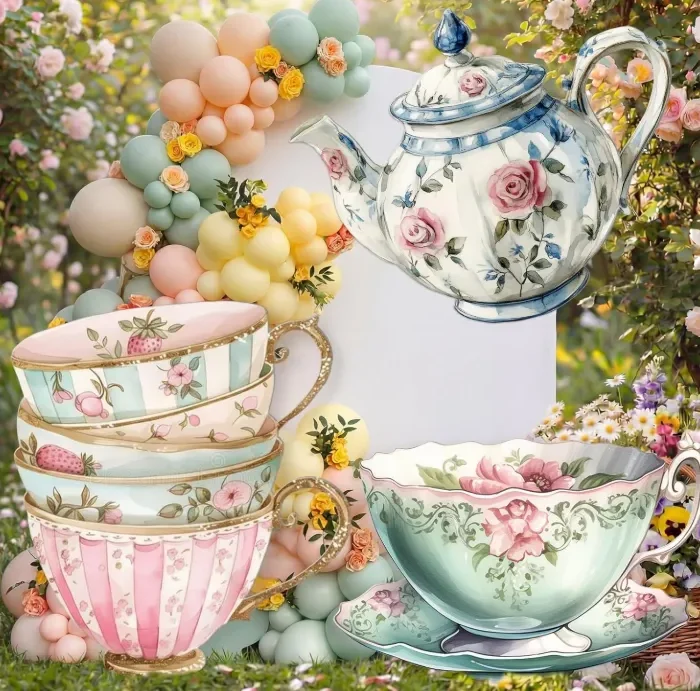 Amyhill 3 Pcs Large Wonderland Tea Party Decorations Wonderland Garden Yard Sign Teapot Teacup Tea Bowl Cardboard Cutout Stand Vintage Garden Photography Props for Birthday Wedding Bridal Shower Decor