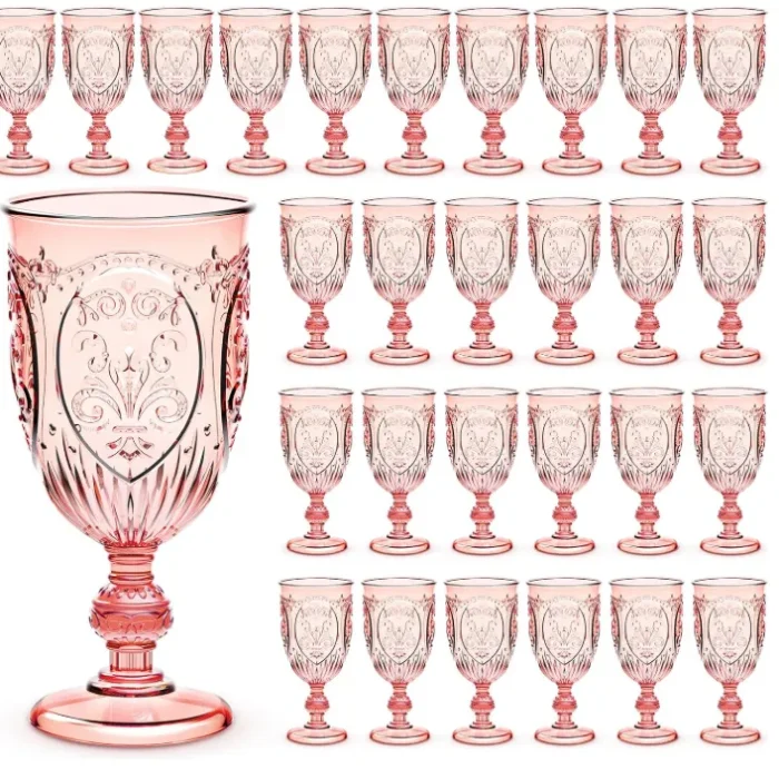 Wiwiqing 100 Pcs Plastic Goblets 7.5oz Vintage Goblet Plastic Wine Glasses Colored Retro Embossed Water Goblets for Wine Bar Juice Baby Shower Wedding Reception Grand Event Party (Pink)