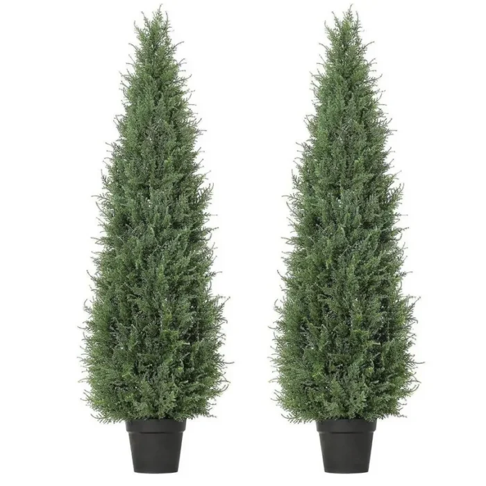 2 Pack Artificial Cedar Topiary Trees Outdoor, 4FT UV Resistant Fake Potted Plants for Porch, Patio, Wedding Decor, Realistic Faux Evergreen Shrubs