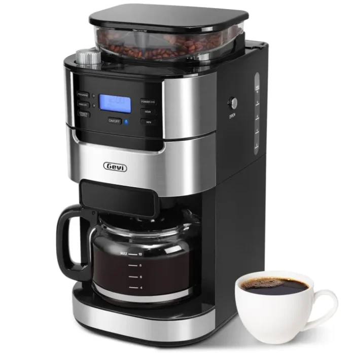 Gevi 10-Cup Drip Coffee Maker with Built-in Burr Grinder & Programmable Timer, 1.5L Water Tank