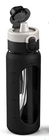 ANOTION 24oz Glass Water Bottle with Straw& Silicone Sleeve, Black