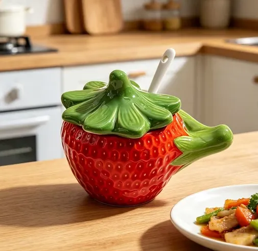 zhonghuaying Strawberry Shaped Ceramic Seasoning Holder Fruit Themed Condiment Jar with Matching Metal Spoon for Kitchen Counter Cooking Prep Organizer Red