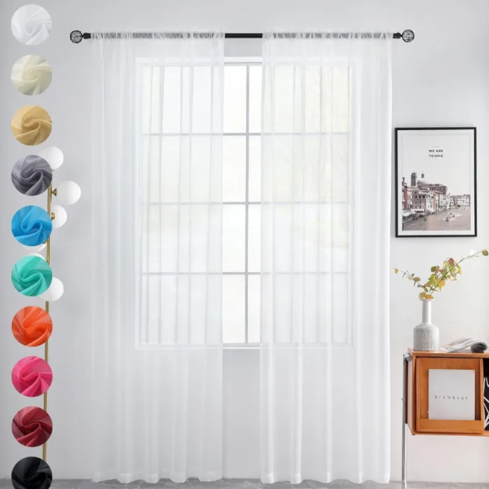 youleyar Solid Sheer Rod Pocket Curtain Voile Draperies 2 Panels White Beige Black Grey Coffee 60 Inch Width 84 Inch Long 1 Pair for Kitchen Bedroom Children Living Room Yard(White,60Wx84L)