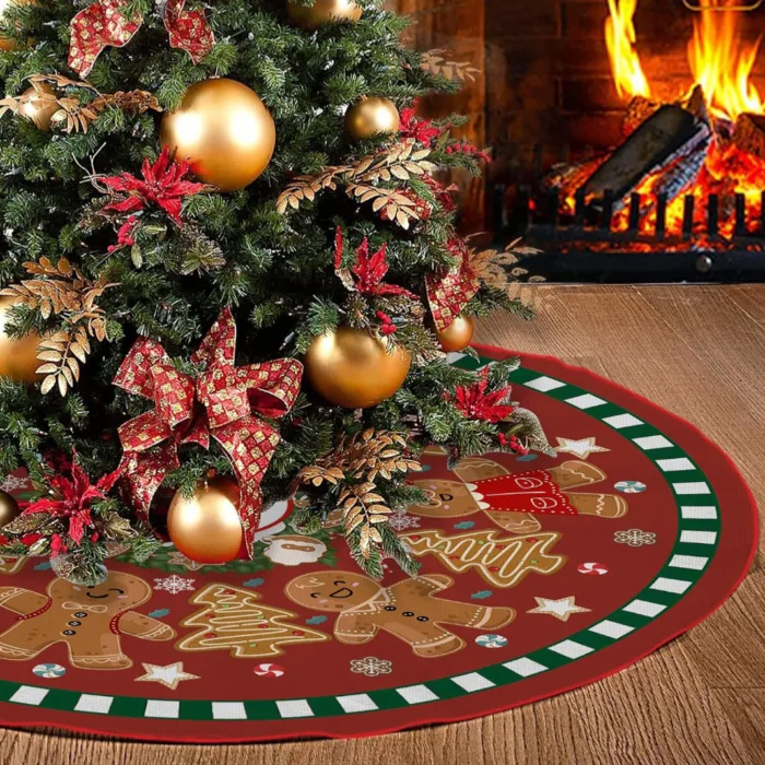 Christmas Tree Skirt Lace-up Gingerbread Man Snowflake Xmas Tree Skirt Xmas Decor Vintage Christmas Tree Mat for Holiday Party Decorations