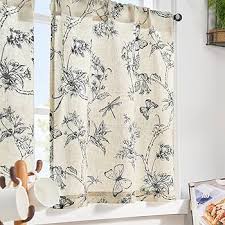Lazzzy Black Floral Kitchen Curtains 36 Inch Length, Linen Farmhouse Kitchen Window Rustic Country Small Curtains Rod Pocket Tiers, Set of 2, Black on Beige