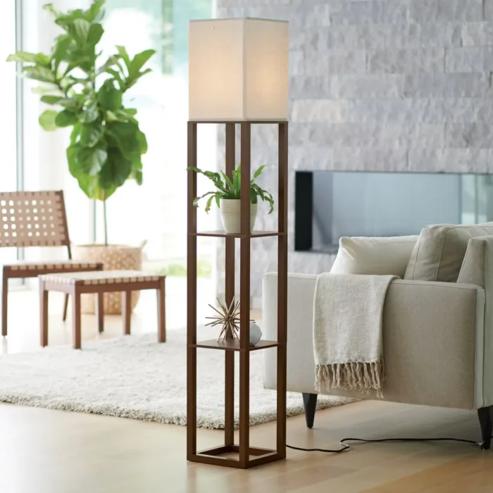 Shelf Floor Lamp Brown - Threshold™: ETL Listed, Linen Shade, MDF Body, 62.5" Tall
