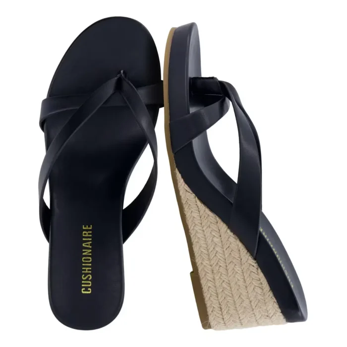 CUSHIONAIRE Ferry Espadrille Wedge Sandals for Women, Thong Platform Flip Flops with Cross Strap and Slip-On Design, BLACK size 6.5