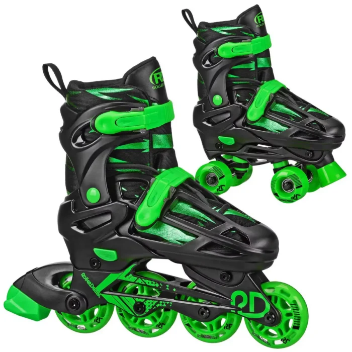 Roller Derby Green Wire Kids' Adjustable Inline-Quad Combo Skates - Black/Green S (12-2): Indoor/Outdoor Use, Adjustable Size, Padded Collar