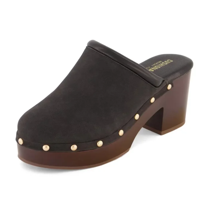 CUSHIONAIRE Guest Platform Clogs for Women, Heeled Faux Wood Mules with Studded Detailing and Memory Foam Footbed for All-Day Comfort, Black 7.5