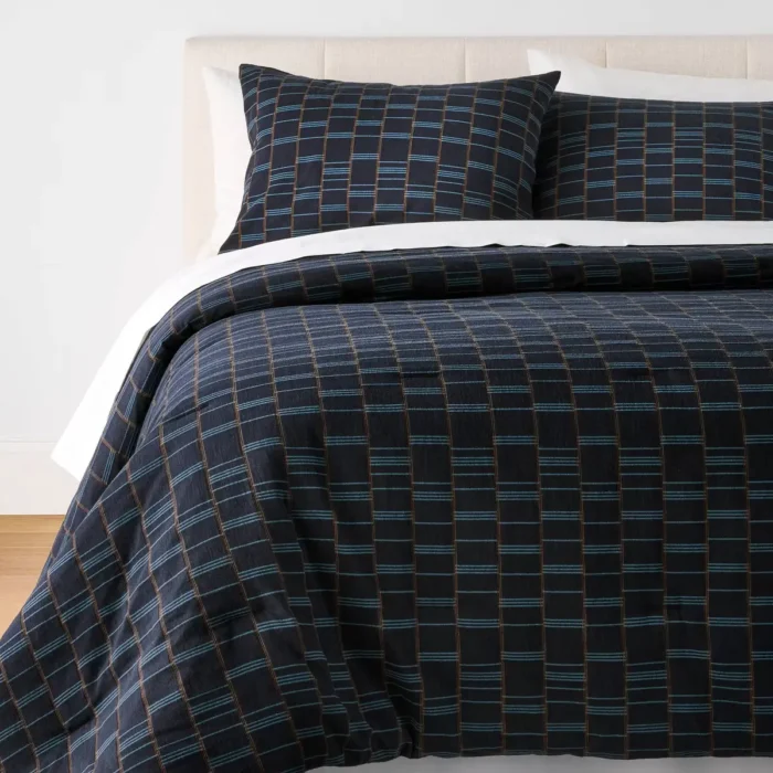 3pc Full/Queen Woven Grid Comforter Set Navy Blue - Threshold™ designed with Studio McGee