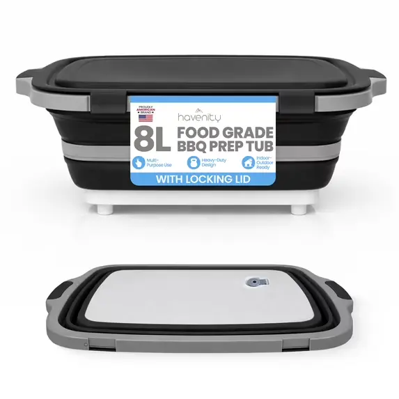 HAVENITY BBQ Prep Tub, 8L Multifunctional Camping Cutting Board with Locking Lid, Meat Prep Tub for Meal Prep , Tailgate Container with Lid, Collapsible Food Storage Containers (Large) BLACK