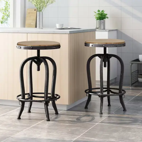 2pc Farmdale Industrial Firwood Adjustable Height Swivel Counter Height Barstools Antique Natural/Pewter - Christopher Knight Home: Wrought-Iron Frame