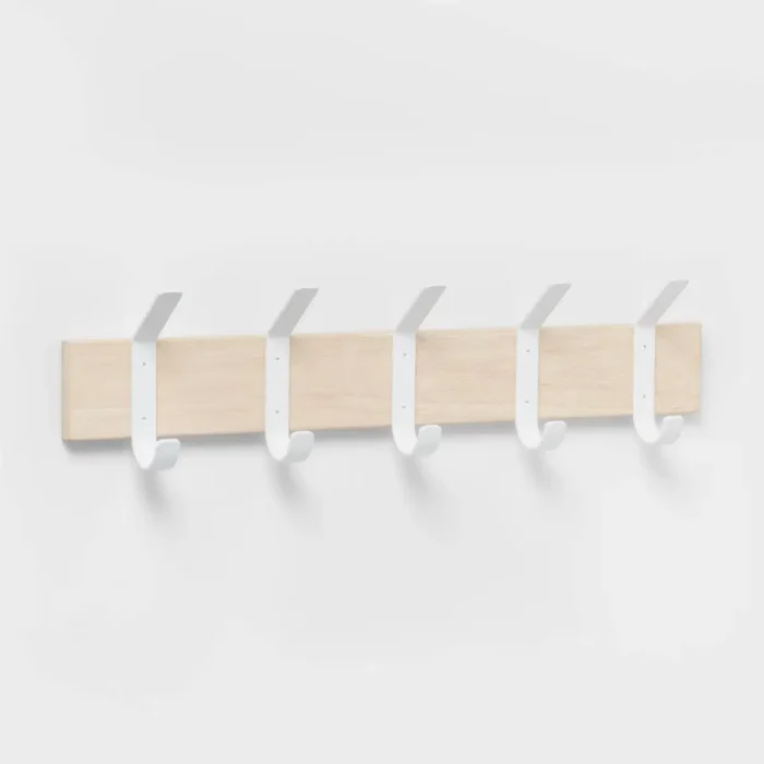 Mixed Material 5 Hooks Rail Matte White - Brightroom™: Wall Mounted Decorative Hook Rack, Steel & Rubberwood, 22.5" Length
