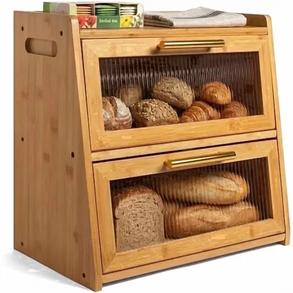 Gennua Kitchen Bamboo Bread Box,  Countertop Bread Storage Bin with Frosted Acrylic Doors for Loaves, Bagels and Pastries, Natural