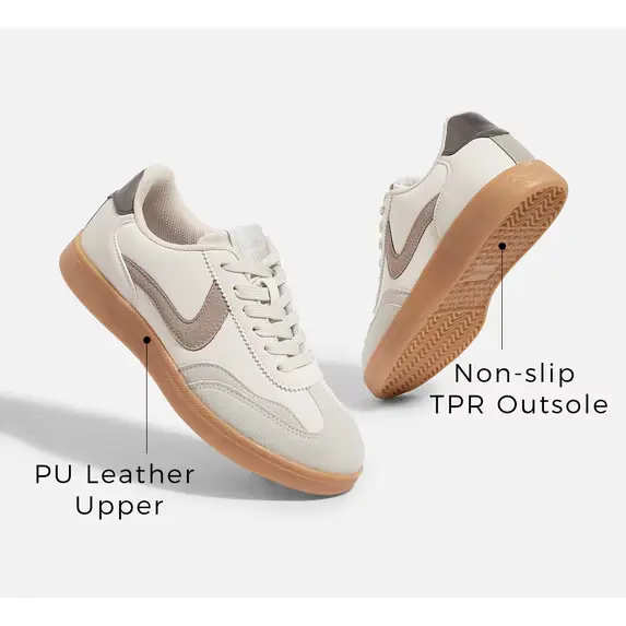 LUCKY STEP Womens Classic Retro Sneakers Non Slip Fashion Casual Shoes,Beige&Grey size 9