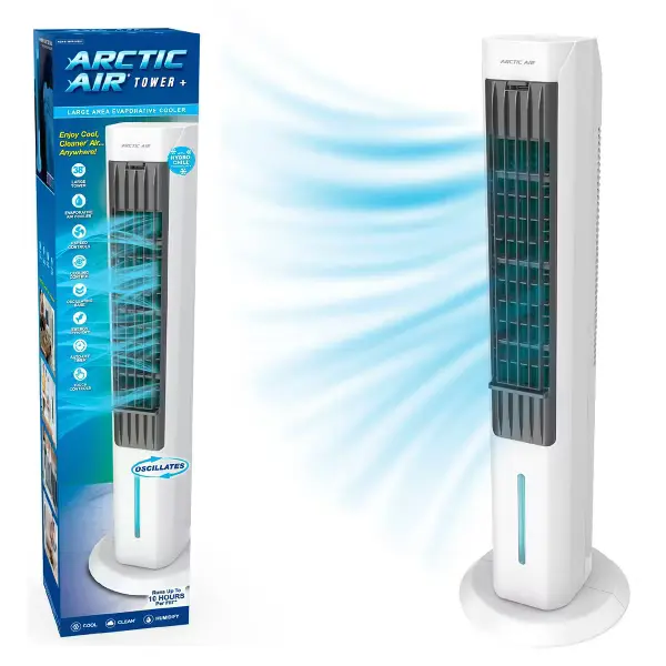 Arctic Air Tower +: Electric Portable Cooling Fan, Quiet Operation, 4 Speeds, Black, 103 CFM, No Assembly Required