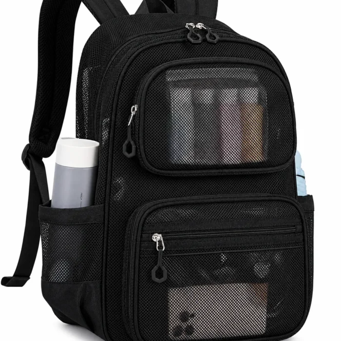 Mesh Backpack, Heavy Duty See Through Backpack Ultra-Lightweight Net Bookbag Breathable Transparent Bookbag for School Beach Sports Gym Travel, Black
