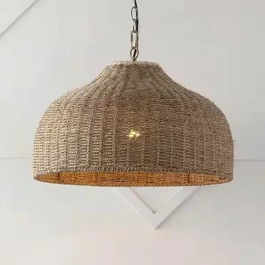Eliza 20 in. 1-Light Coastal Bohemian Rattan/Iron Dome LED Pendant Light, Brown/Brass Gold