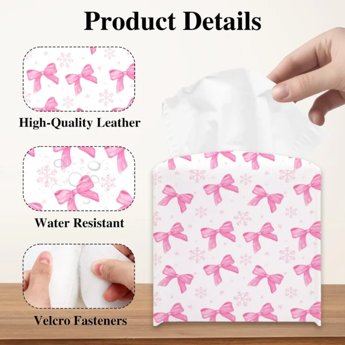 Tissue Box Cover, Tissue Box Holder, Square with Belt Bottom, PU Leather Decorative Organizer for Desk, Tabletop, Countertop Bathroom, Toilet Car, Office, Dresser Bedside, Aesthetic Pink Bow Decor