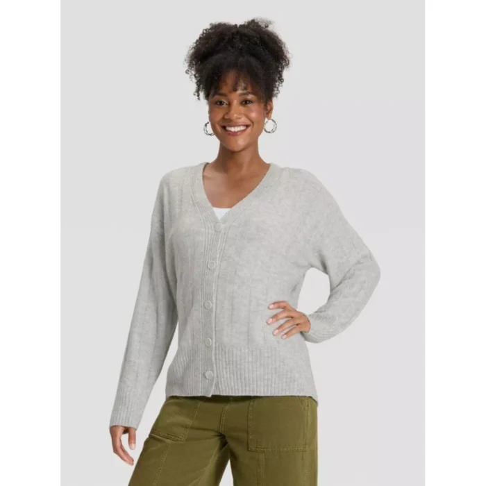Women's V-Neck Knit Ribbed Cardigan Sweater - Universal Thread Heather Gray M