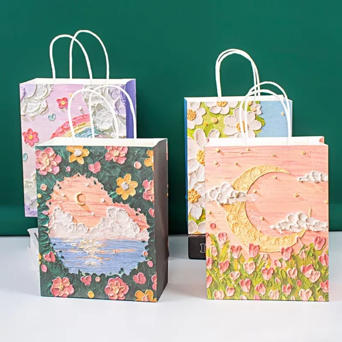 4pcs Oil Painting Style Tote Bags Portable Kraft Paper Gift Packaging W/ Handle