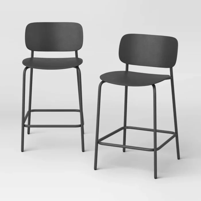 2pk 24" Molded Plastic with Metal Base Counter Height Barstool Black