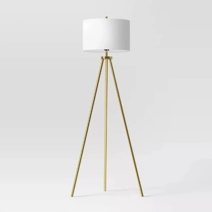 Quinby 58 in. Gold Tripod Floor Lamp with White Fabric Shade