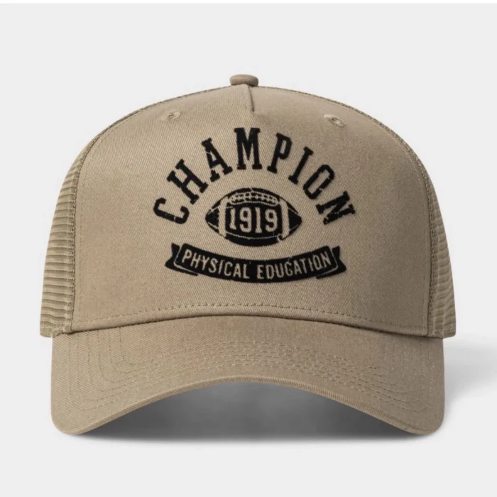 Champion Physical Education Trucker Hat Khaki Tan Mesh Back Snapback Cap Mens