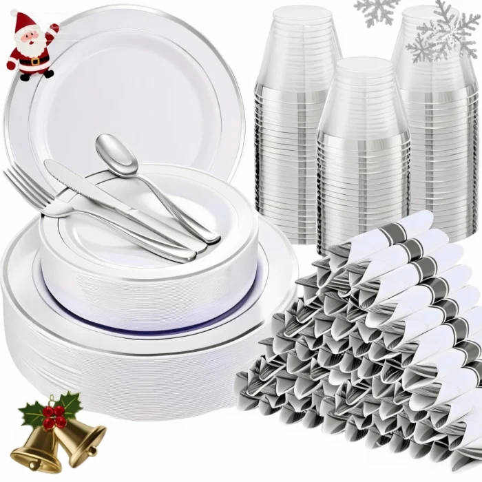 WELLIFE 700-Pcs Silver Plastic Plates Set for 100 Guests