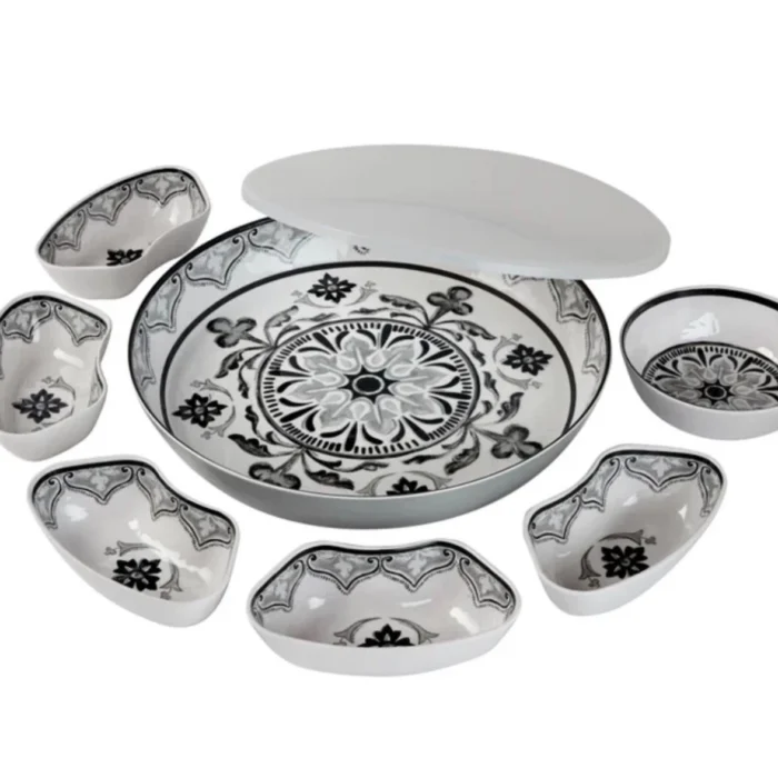 Pandex 7-Piece Melamine Lazy Susan Serving Set Rotating Condiment Tray w/Cover