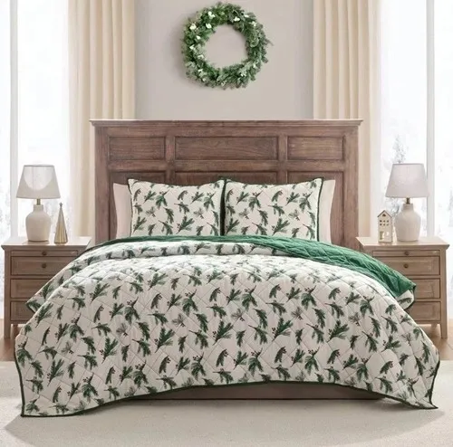 Hallmark Queen Flannel Greenery Print Quilt Set