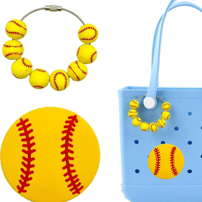 2Pcs Sports Charms for Bogg Bag, Baseball Soccer Football Basketball Bag Charms Accessories Compatible with Bogg Bag Simply Southern Rubber Tote Beach Handbag Backpack, Sports Theme Summer Bag Decorations (Yellow Baseball)