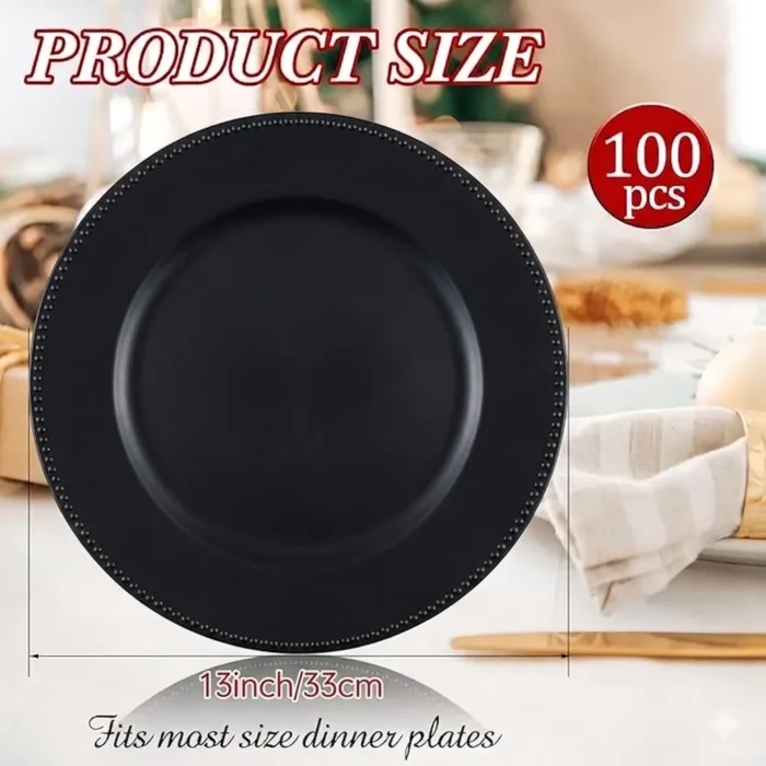 Jinei Charger Plates, 100Pcs Black Plastic Reusable Dinner Charger Plates, 13'' Round Vintage Table Decoration, for Wedding, Party & Holiday