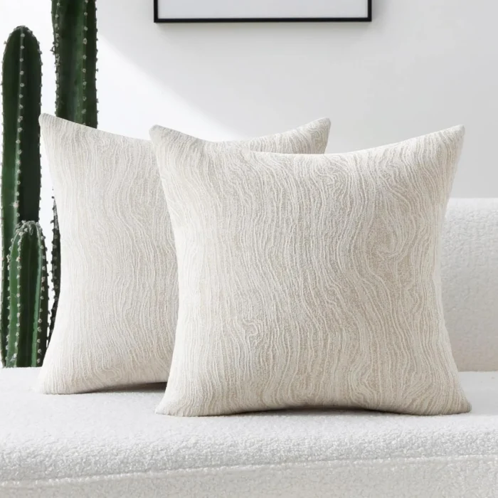 FUTEI Cream Chenille Decorative Throw Pillow Covers 24x24 Inch Set of 2,Soft Chenille Jacquard Textured European Pillow Shams,Modern Home Decor for Couch Living Room