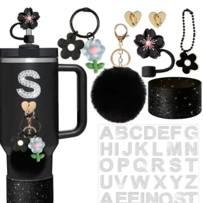SDIDVIEXPERT Accessories for Stanley Cup,Rhinestone Letter Stickers Silicone Flower Straw Cover Cup Boot Cute Colorful Flowers Charms Pompom Ball Keychain for Stanley 40oz and 30oz Tumbler(Black)