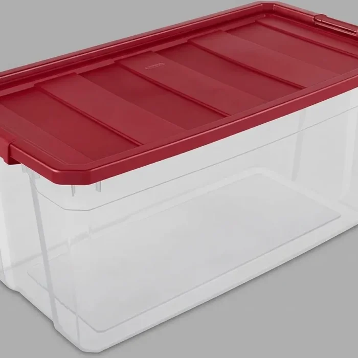 200 Quart Clear Plastic Modular Stacker Storage Bin Tote Container with Latching Lid, Clear Base, and Textured Sure-Grip Surface, Flat red 189L