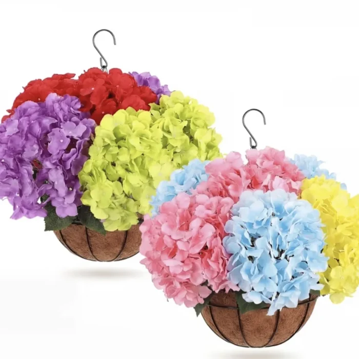 2 Set Artificial Hydrangea Flowers for Outdoors Summer Outside UV Resistant with 2 Hanging Baskets Hanging Planters with 12 Faux Hydrangea Flower for Porch Home Patio Yard