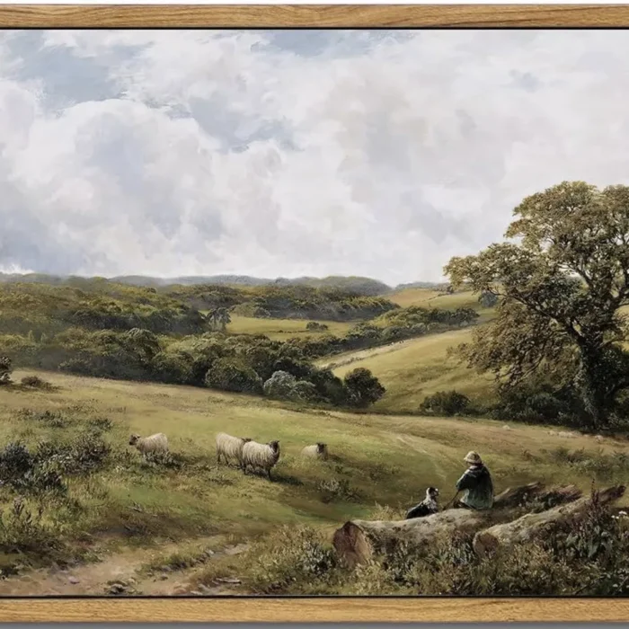 Vintage Country Oil Painting Print: Shepherd and Sheep Landscape Wall Decor 8*10 in