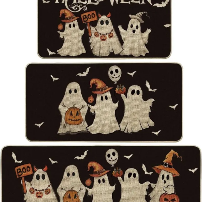 3 Pieces Bath Mats Set for Bathroom, Halloween Bathroom Rug Set of 3, Scary Pumpkin Bat Washable Cover Floor Rug