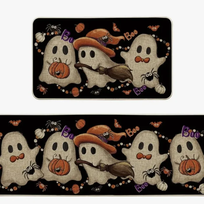 Halloween Kitchen Rugs and Mats for Floor, Halloween Decorations for Home, 2 Pcs Non-Slip Backing Pumpkin Mat, Halloween Decor Holiday Kitchen Rug Sets with Runner (Boo, 17"x47.2"+17"x30")